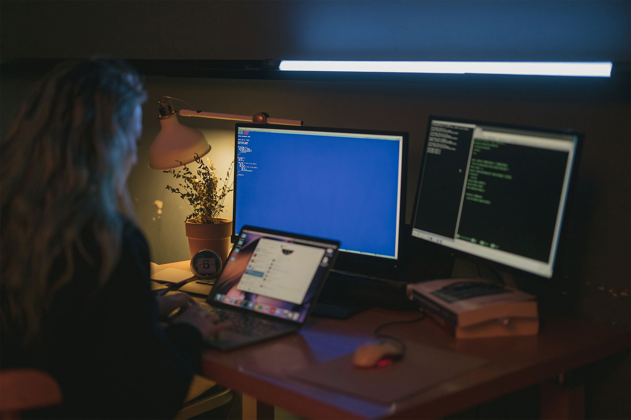 A person working at a desk, programming