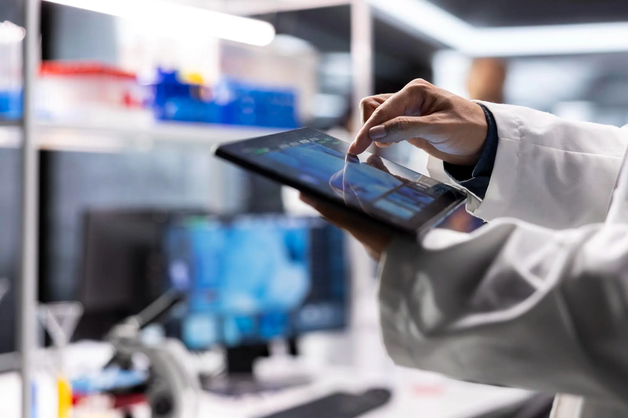 Digital lab integration showing the secure connection between physical laboratory instruments and a centralized data management system.